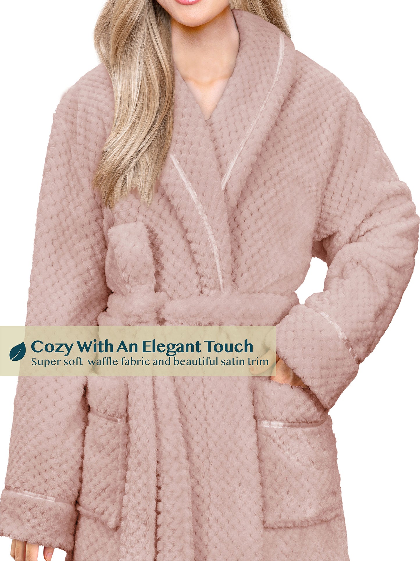 Women's Waffle Textured Satin Trim Fleece Robe