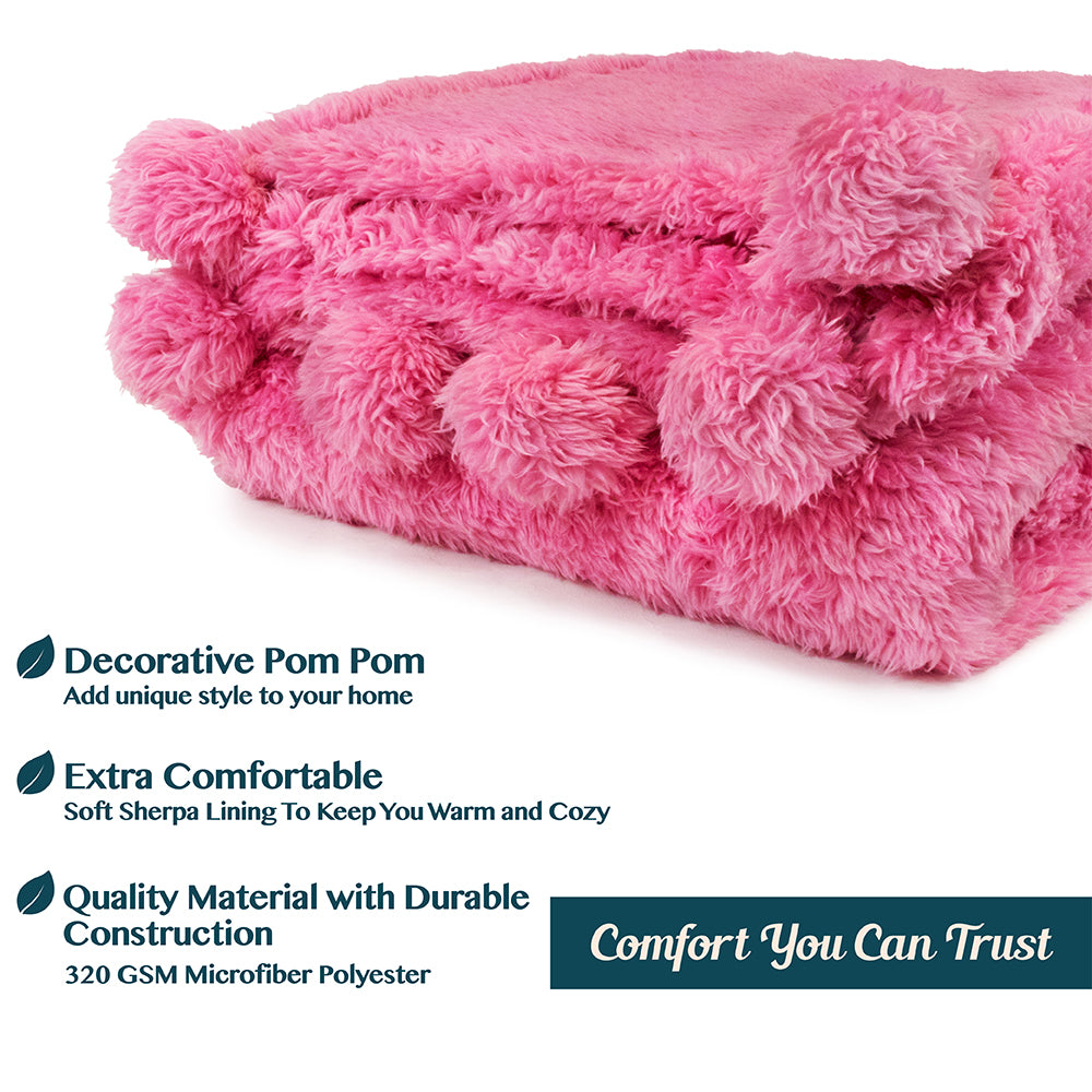 Pom Pom Fringe Sherpa Throw Blanket