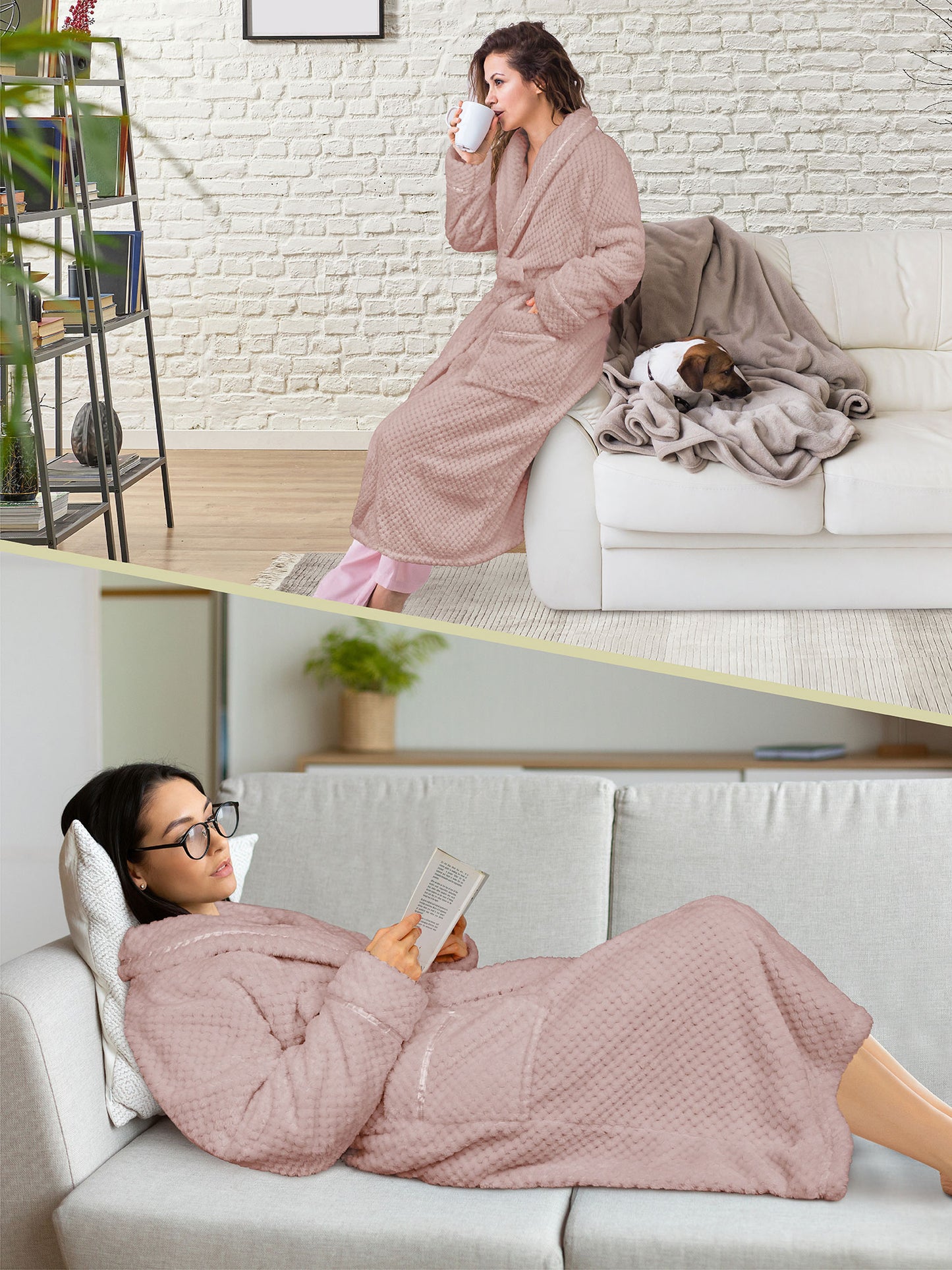 Women's Waffle Textured Satin Trim Fleece Robe
