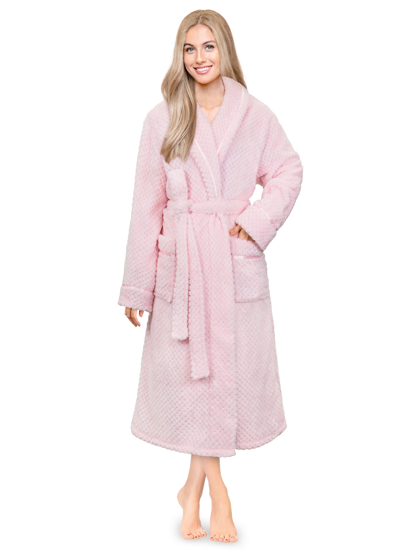 Women's Waffle Textured Satin Trim Fleece Robe