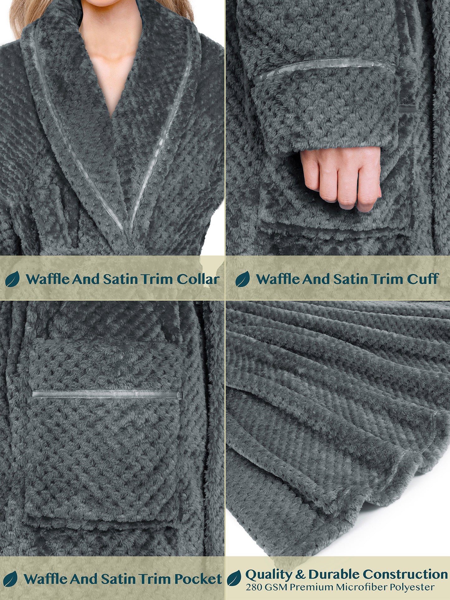 Women's Waffle Textured Satin Trim Fleece Robe