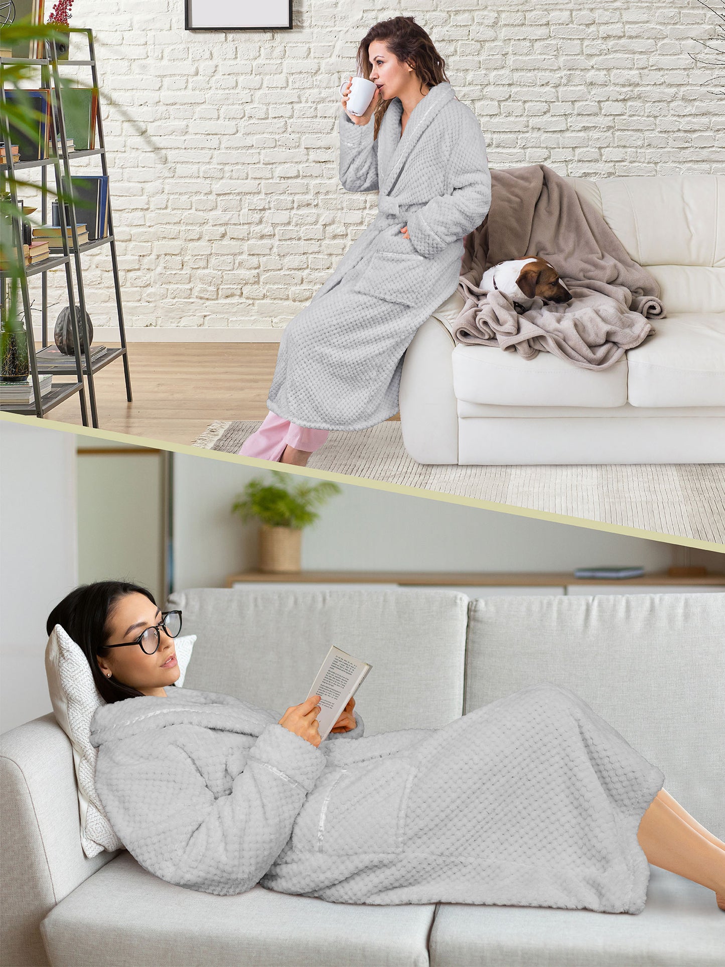 Women's Waffle Textured Satin Trim Fleece Robe