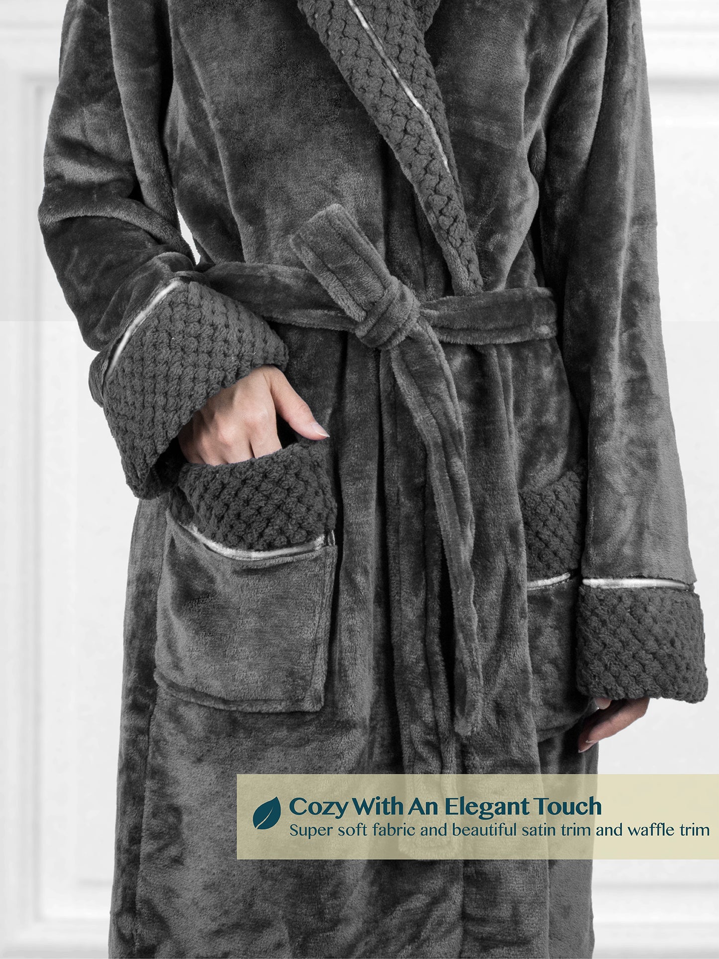 Women's Satin and Waffle Trim Fleece Robe