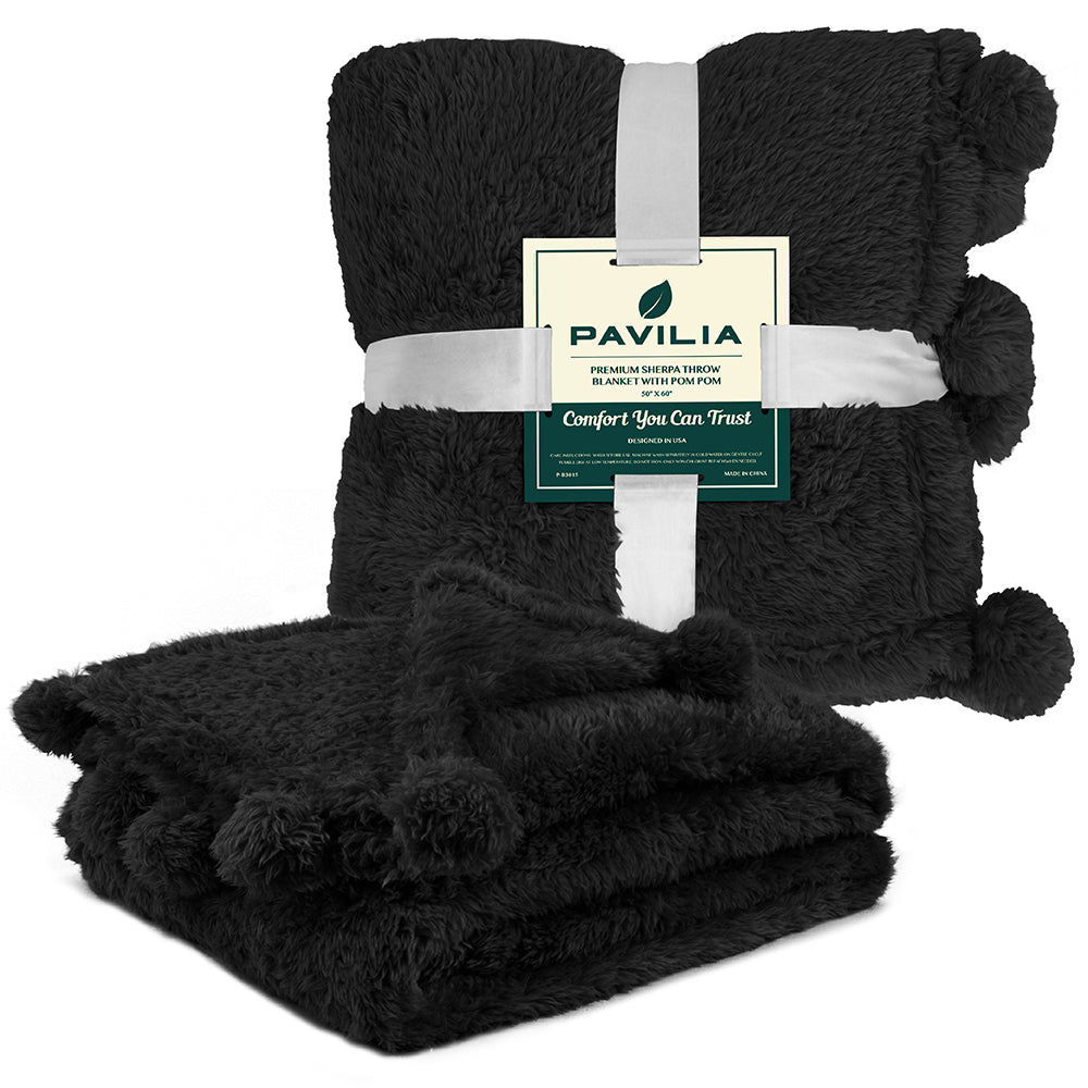 Pom Pom Fringe Sherpa Throw Blanket