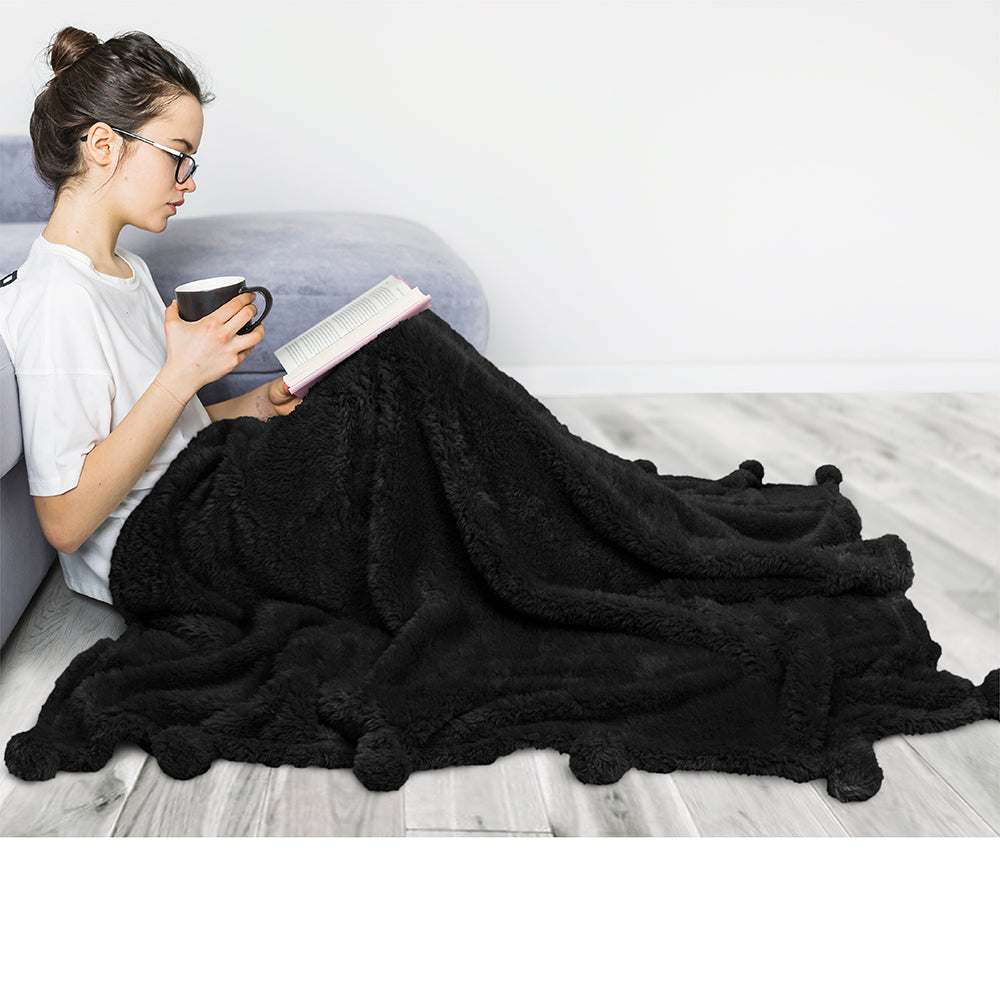 Pom Pom Fringe Sherpa Throw Blanket