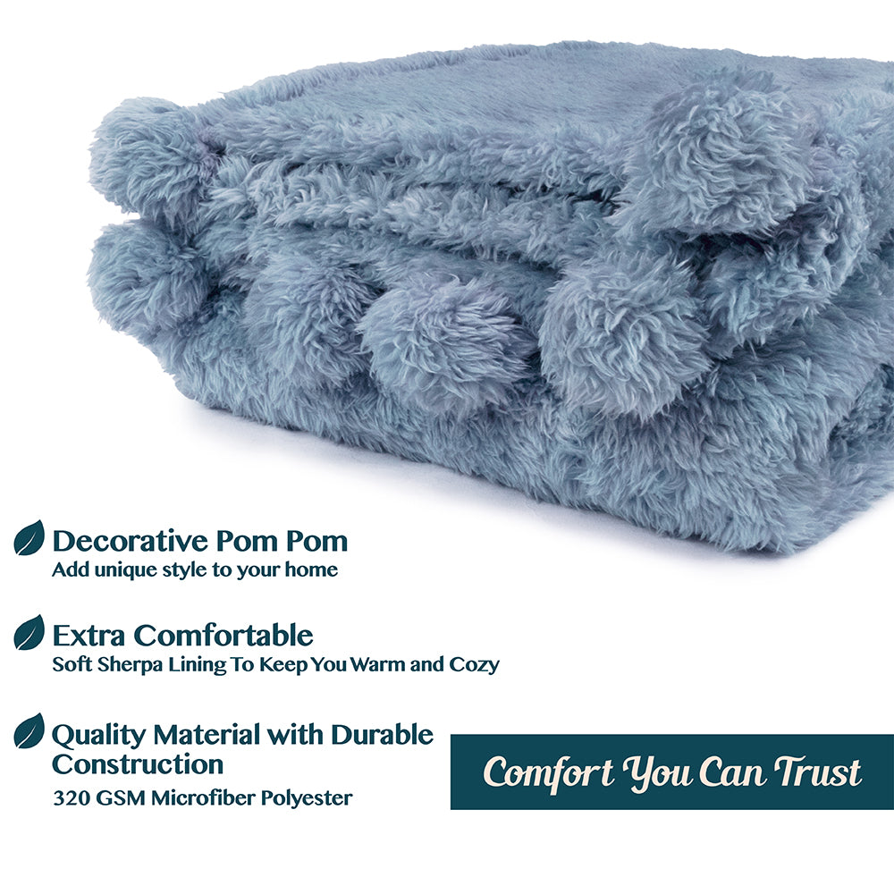 Pom Pom Fringe Sherpa Throw Blanket