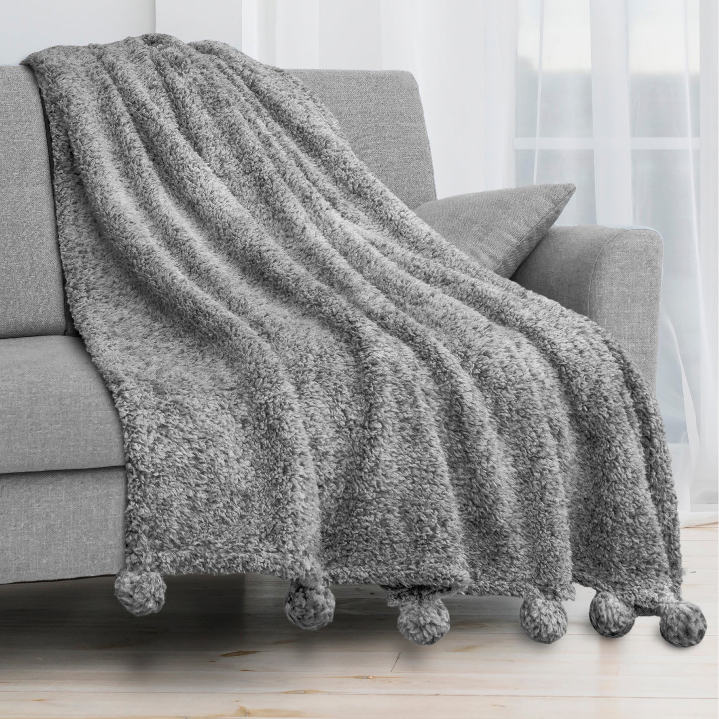 Pom Pom Fringe Sherpa Throw Blanket