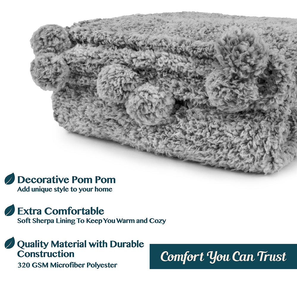 Pom Pom Fringe Sherpa Throw Blanket