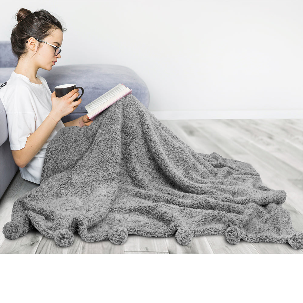 Pom Pom Fringe Sherpa Throw Blanket