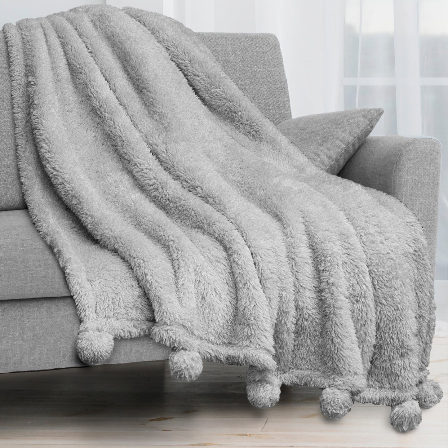 Pom Pom Fringe Sherpa Throw Blanket