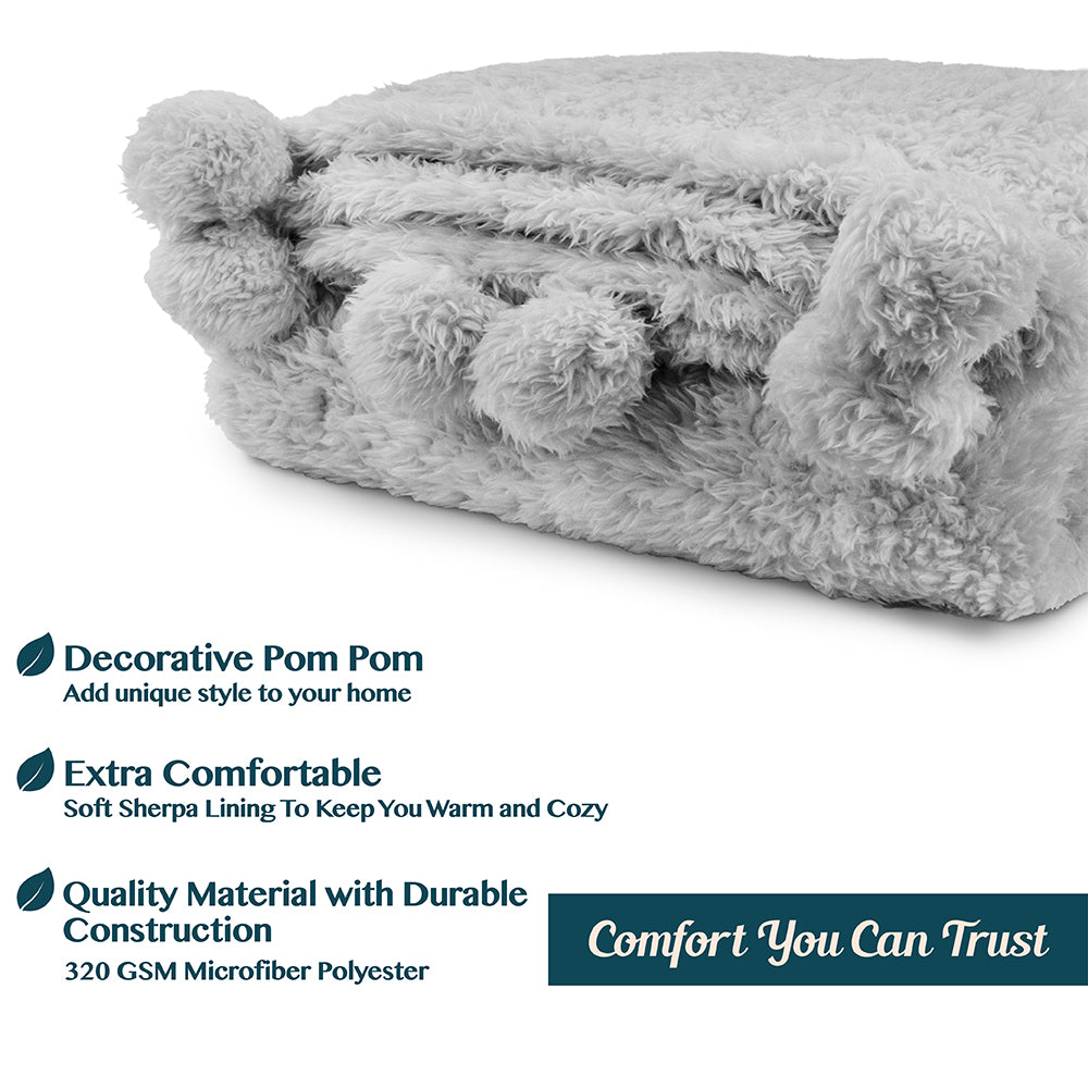 Pom Pom Fringe Sherpa Throw Blanket