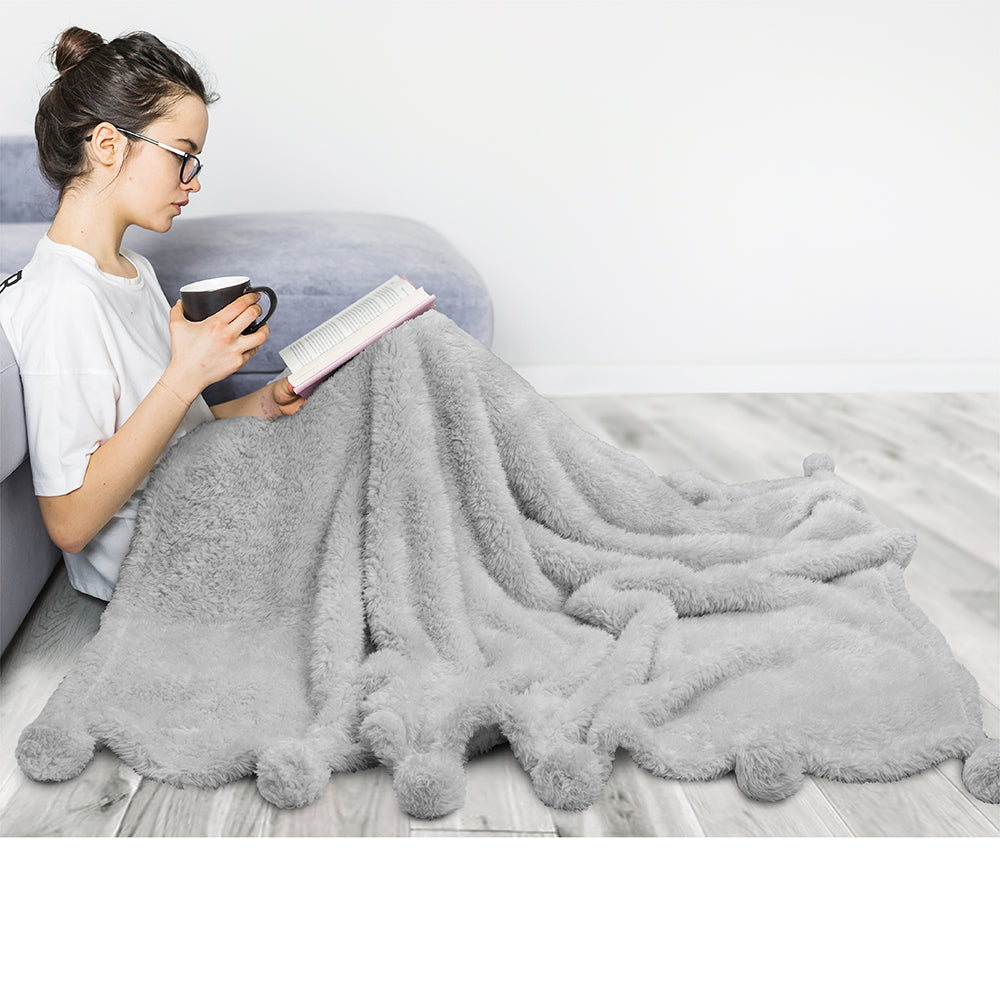 Pom Pom Fringe Sherpa Throw Blanket