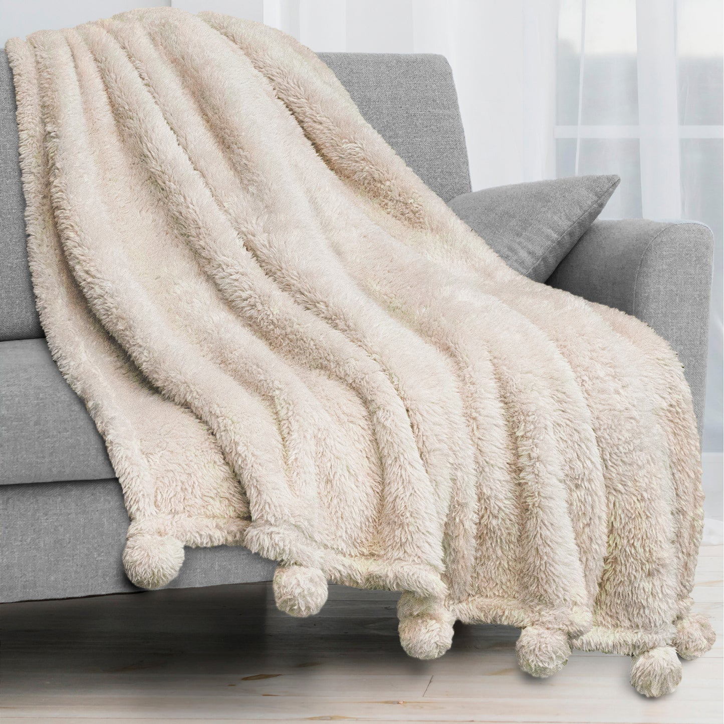 Pom Pom Fringe Sherpa Throw Blanket
