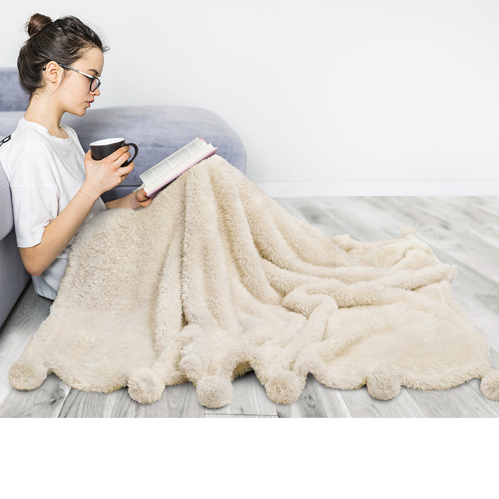 Pom Pom Fringe Sherpa Throw Blanket