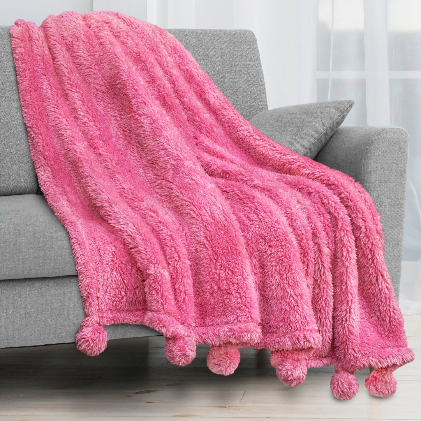 Pom Pom Fringe Sherpa Throw Blanket