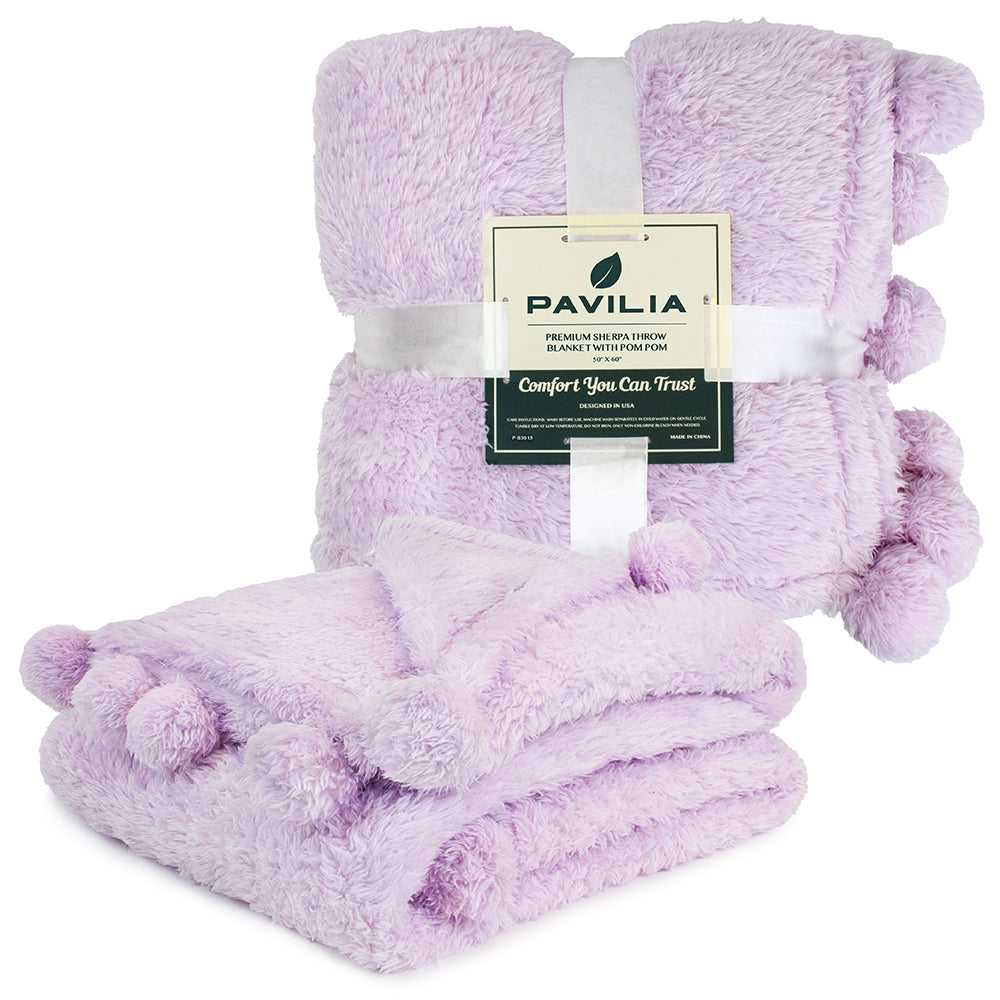 Pom Pom Fringe Sherpa Throw Blanket