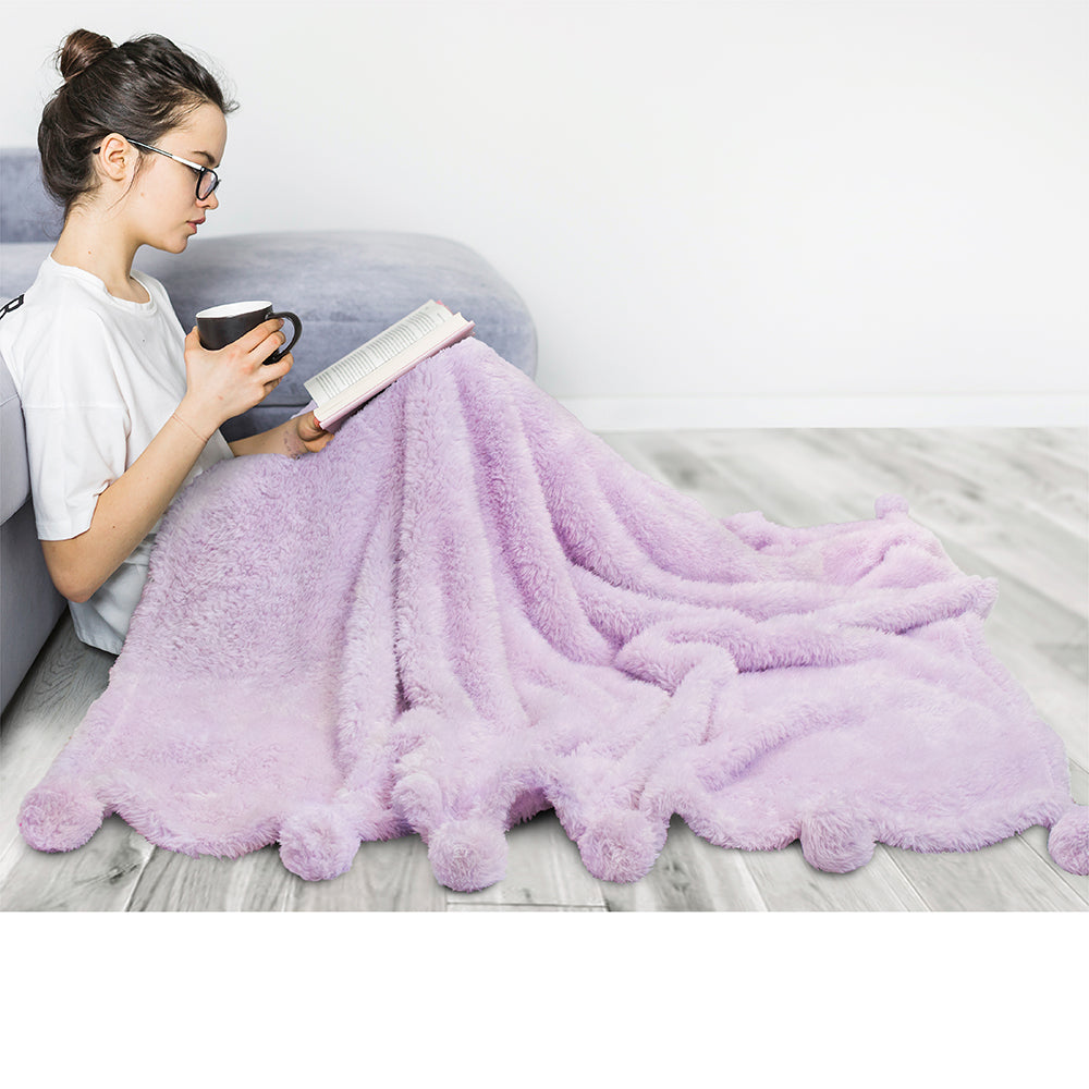 Pom Pom Fringe Sherpa Throw Blanket