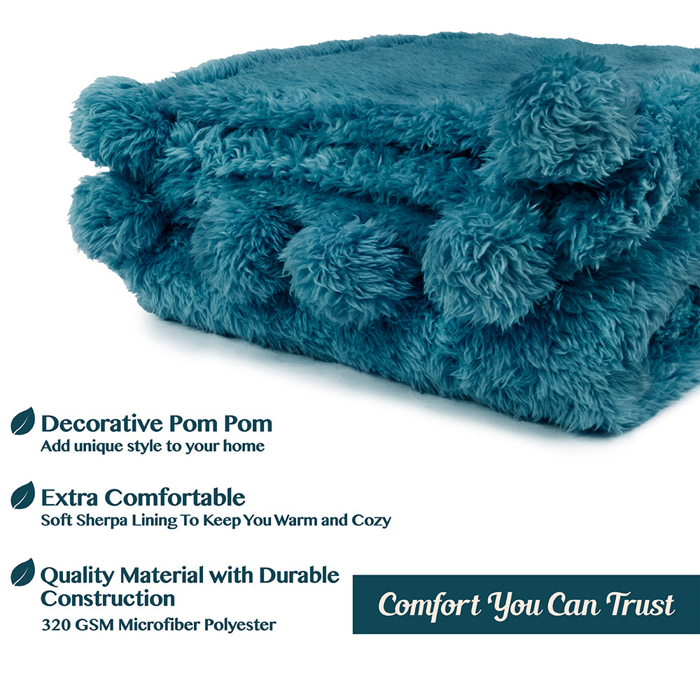 Pom Pom Fringe Sherpa Throw Blanket