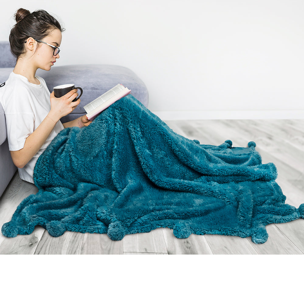 Pom Pom Fringe Sherpa Throw Blanket