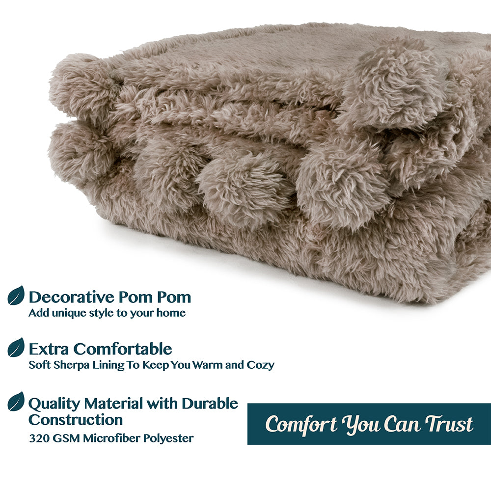 Pom Pom Fringe Sherpa Throw Blanket
