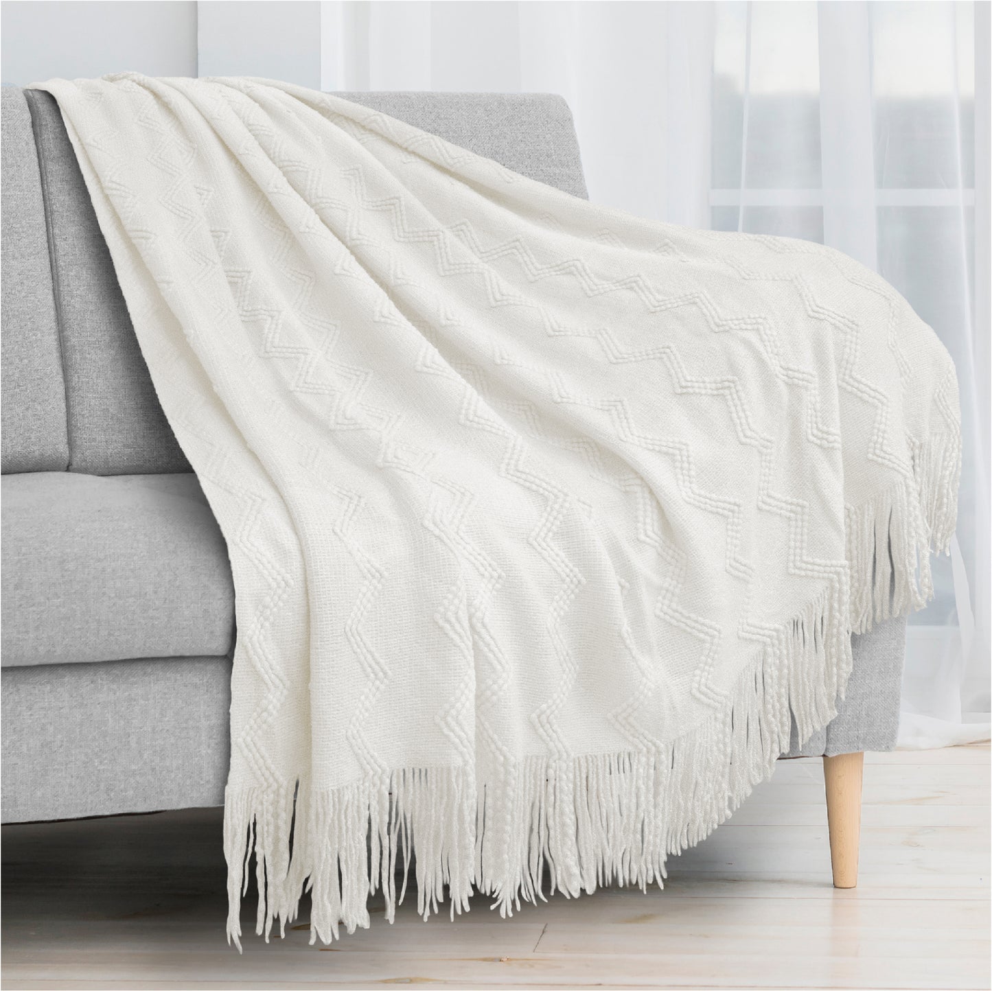 Zig Zag Knit Fringe Throw Blanket