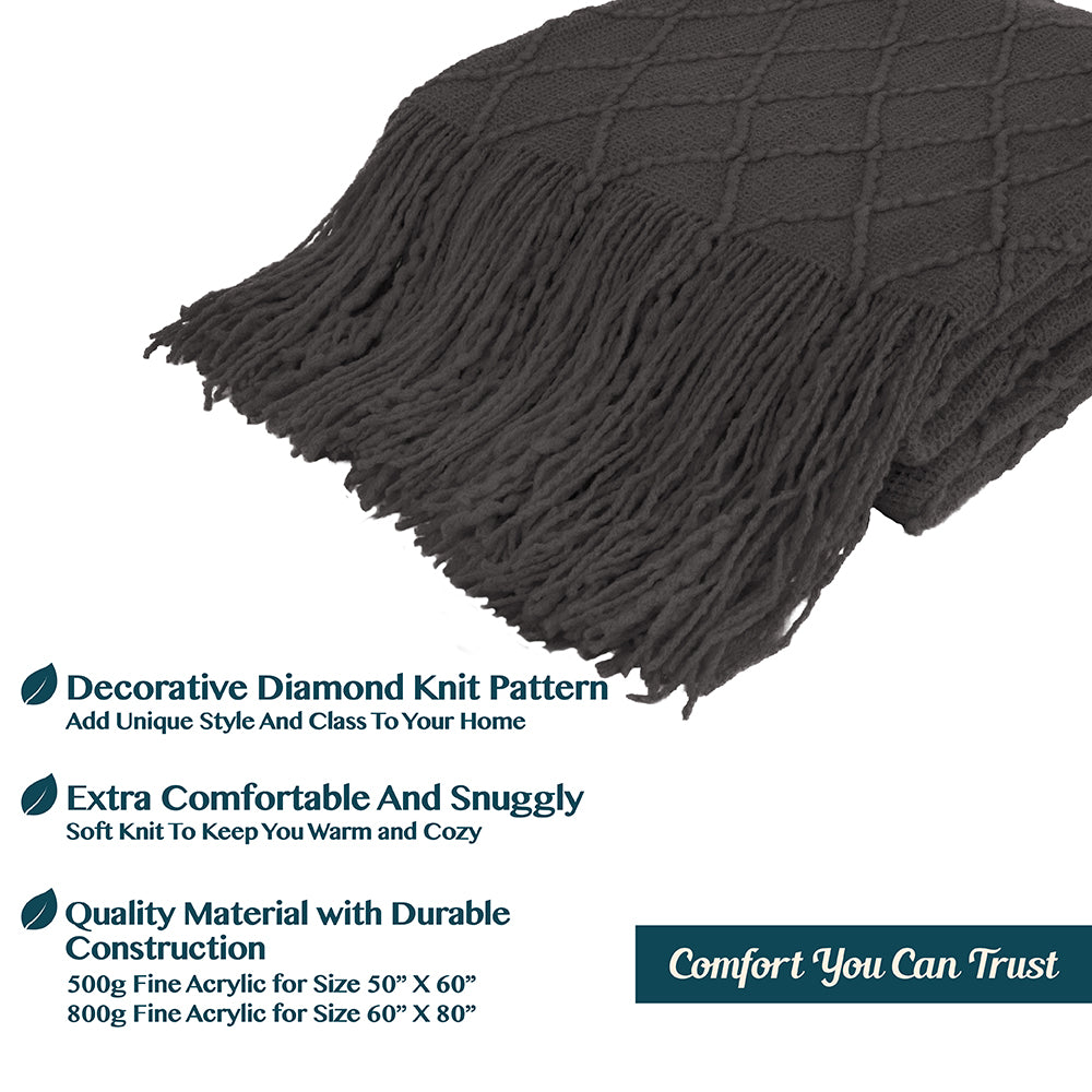 Diamond Knit Textured Fringe Throw Blanket