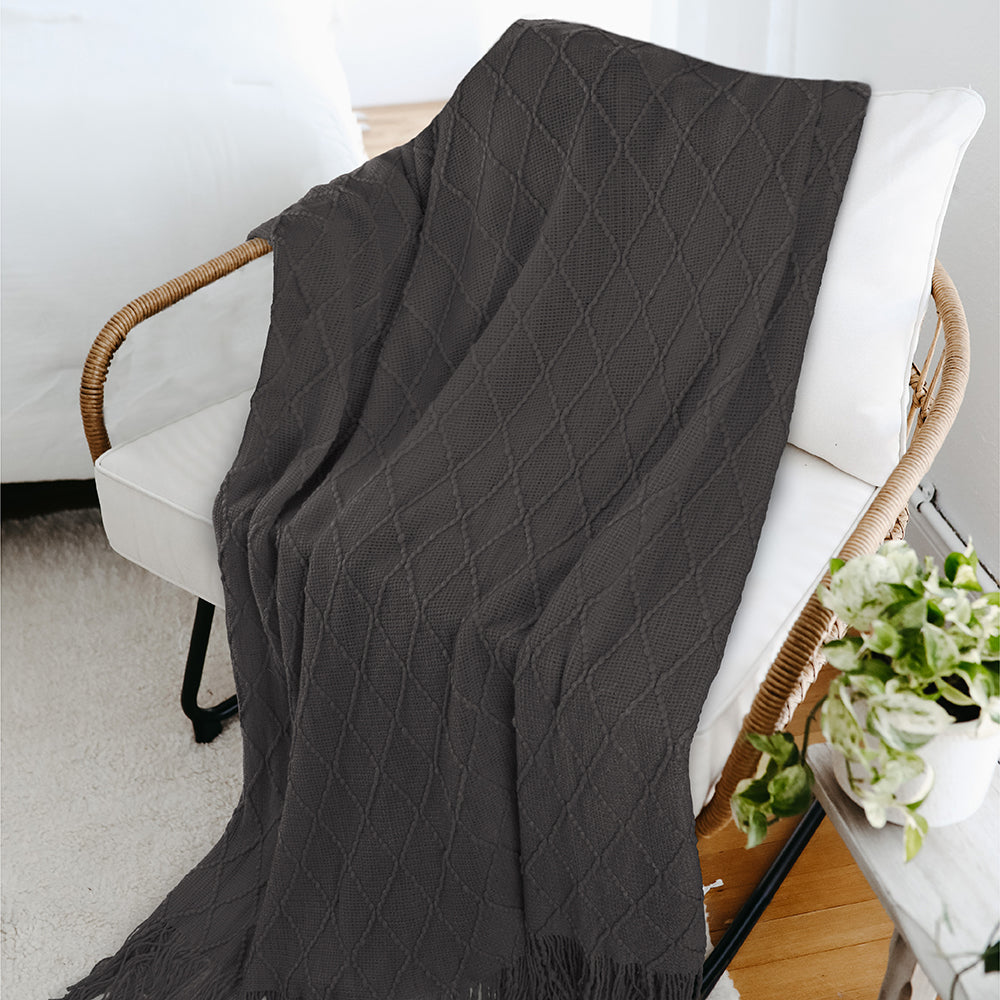 Diamond Knit Textured Fringe Throw Blanket