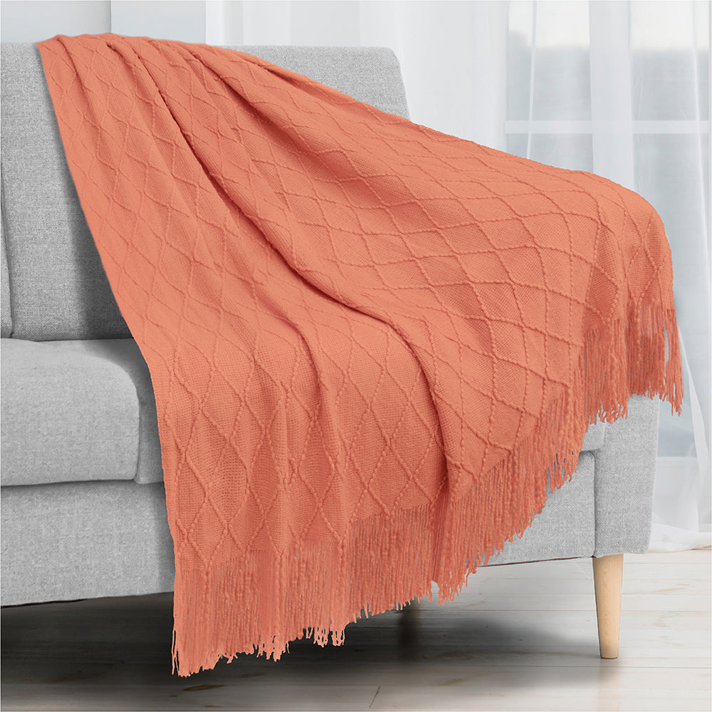 Diamond Knit Textured Fringe Throw Blanket