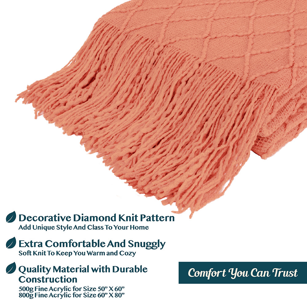 Diamond Knit Textured Fringe Throw Blanket