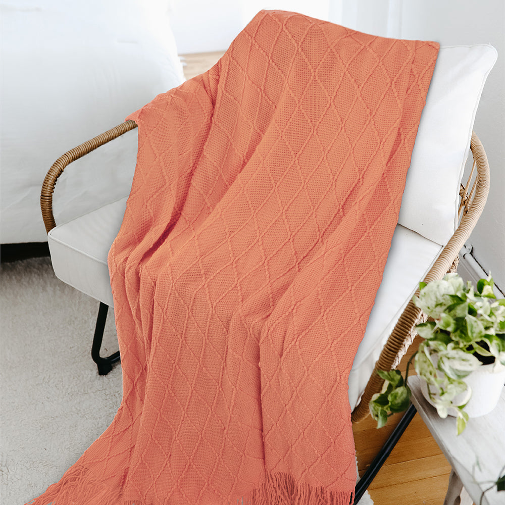 Diamond Knit Textured Fringe Throw Blanket