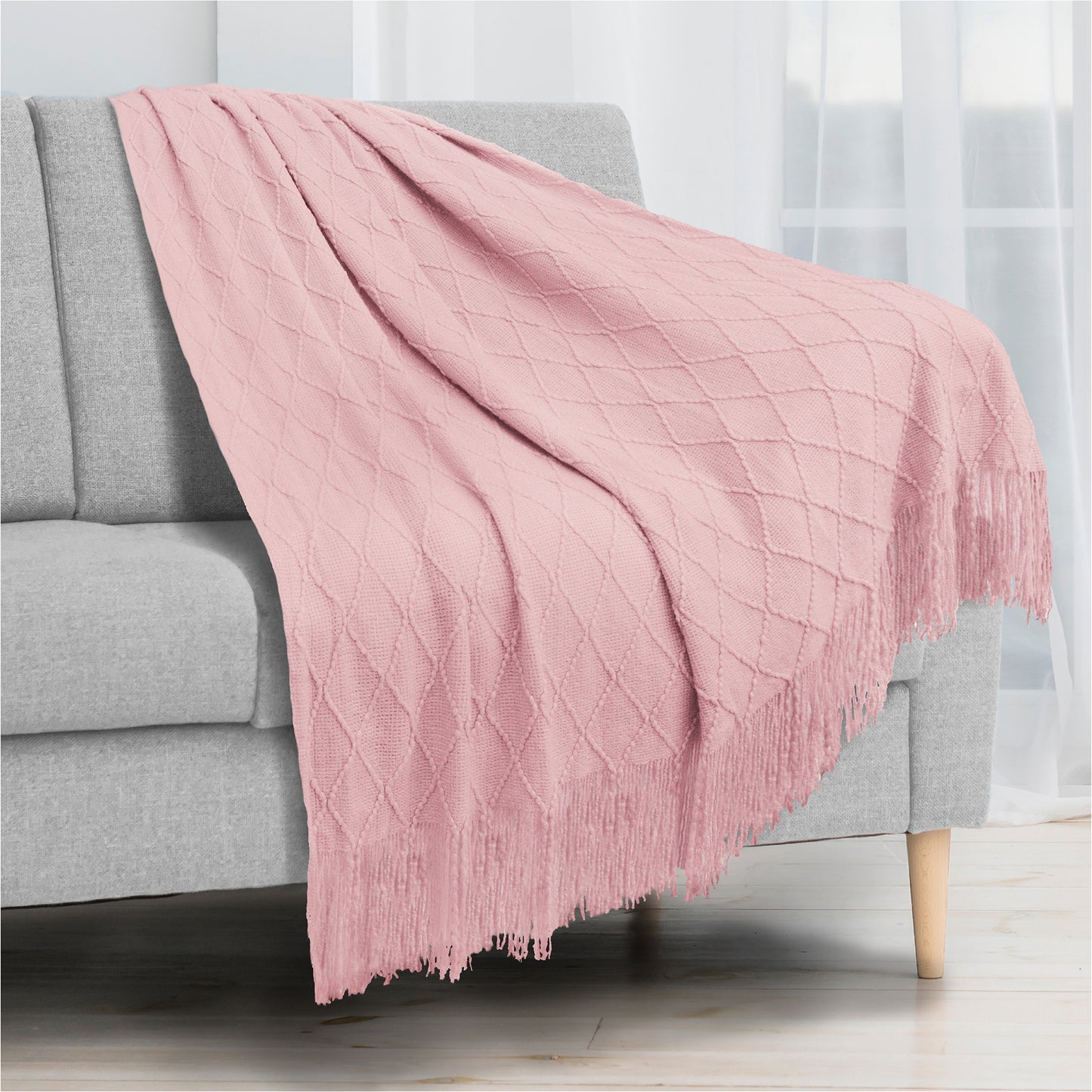 Diamond Knit Textured Fringe Throw Blanket