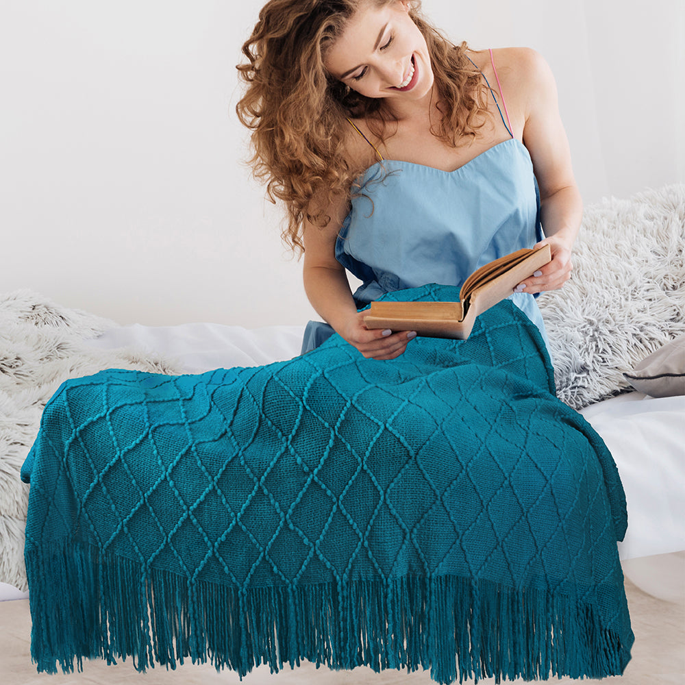 Diamond Knit Textured Fringe Throw Blanket