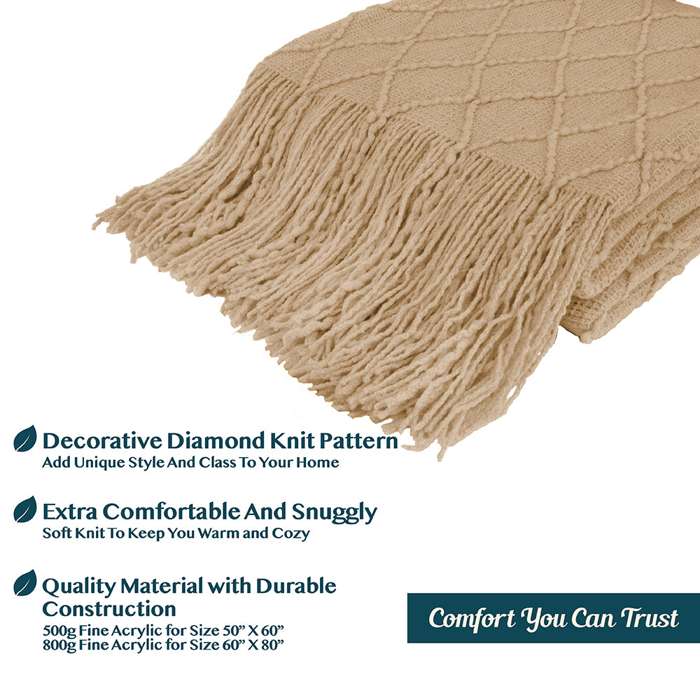 Diamond Knit Textured Fringe Throw Blanket