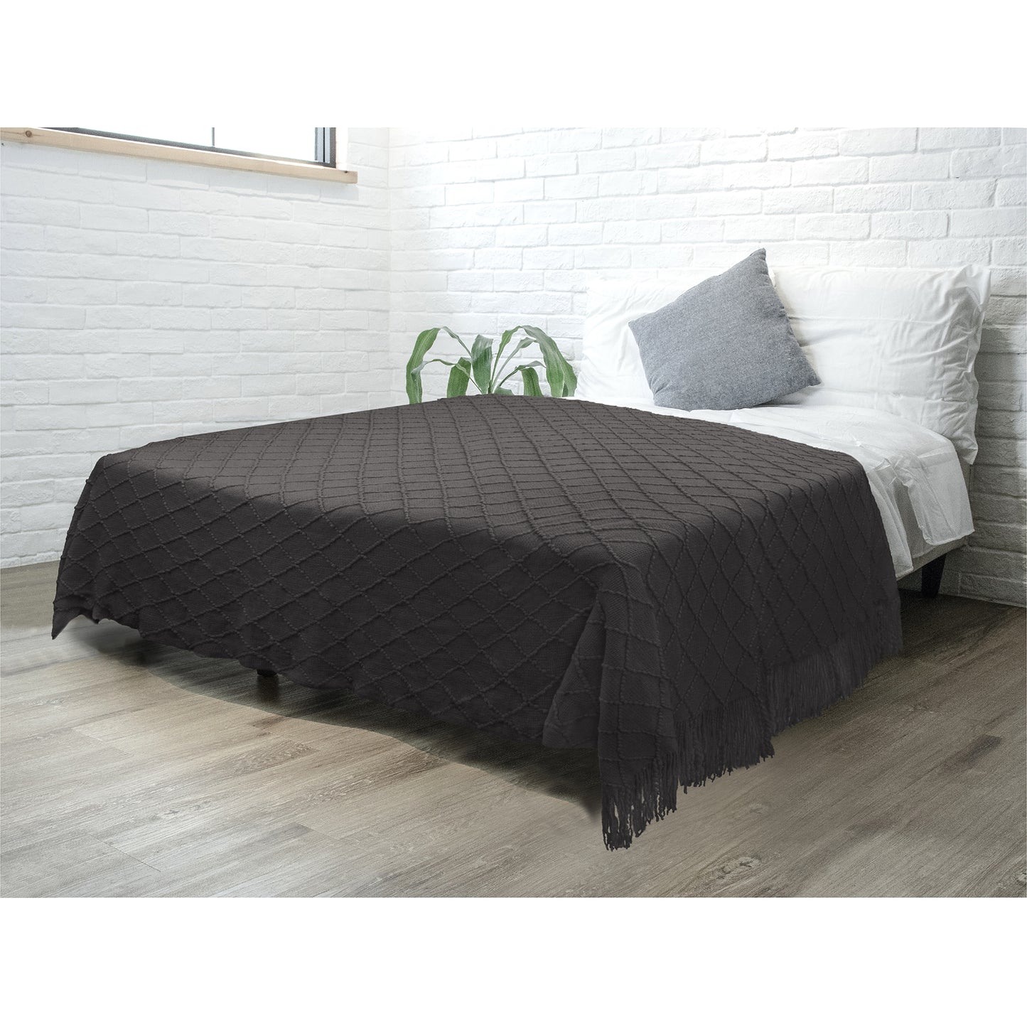 Diamond Knit Textured Fringe Throw Blanket