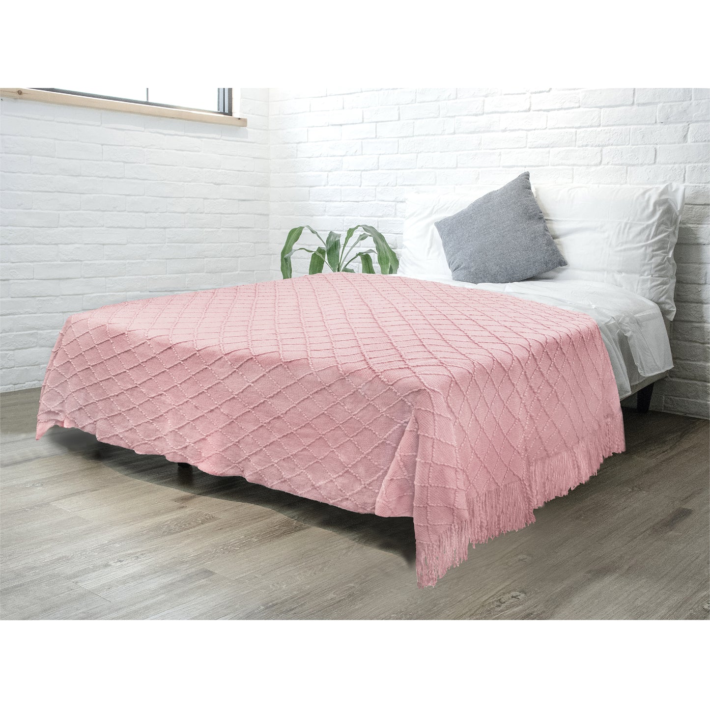 Diamond Knit Textured Fringe Throw Blanket