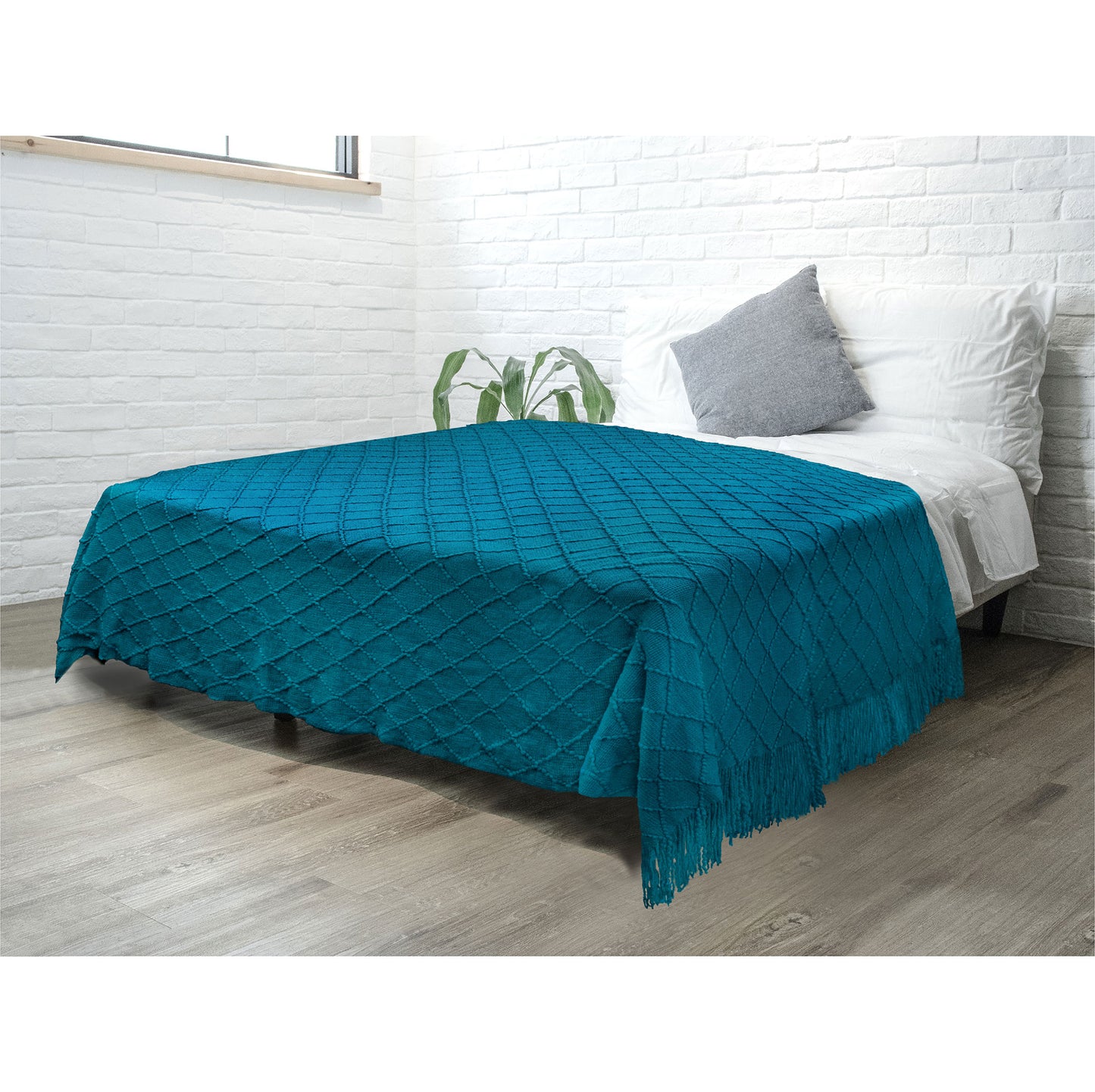 Diamond Knit Textured Fringe Throw Blanket