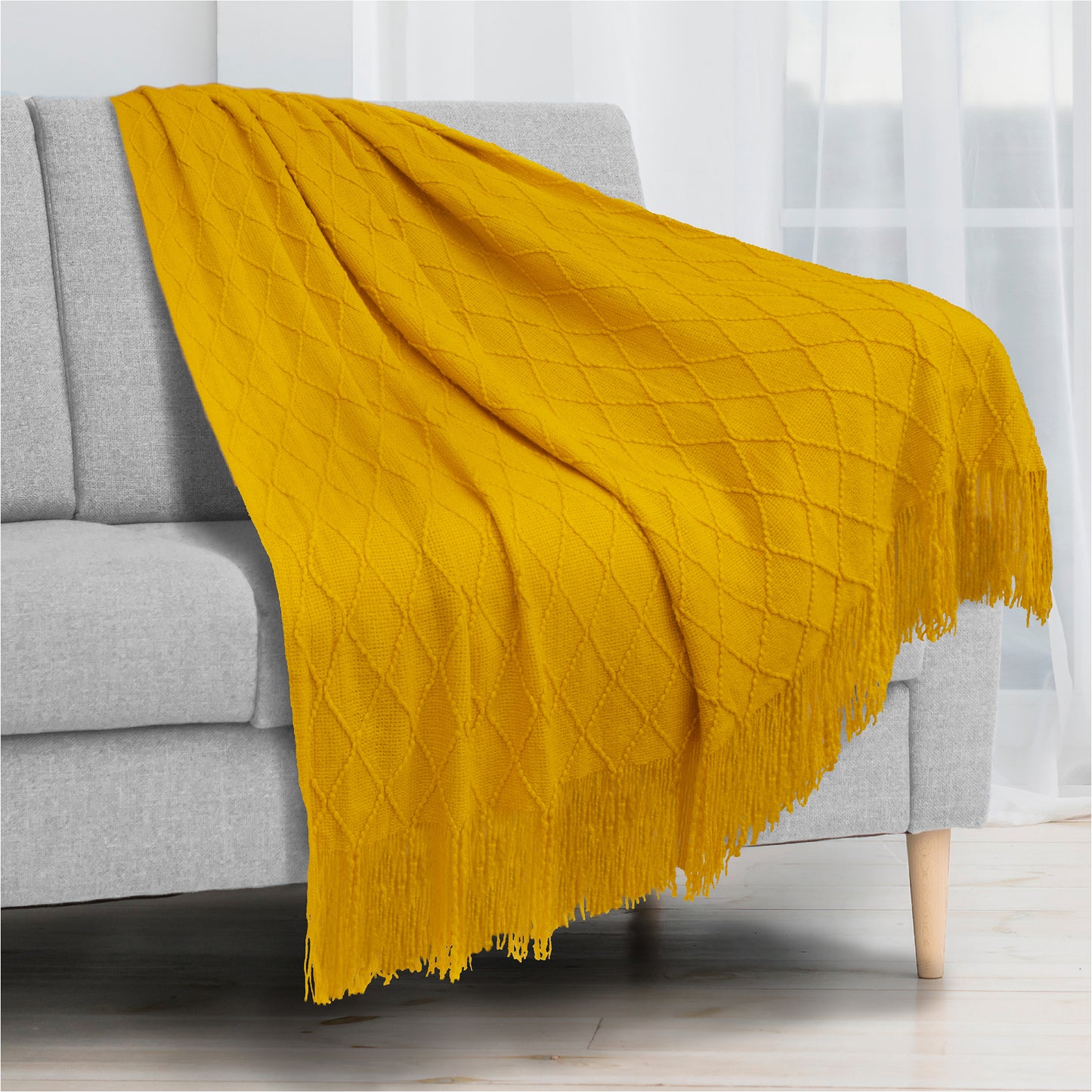 Diamond Knit Textured Fringe Throw Blanket