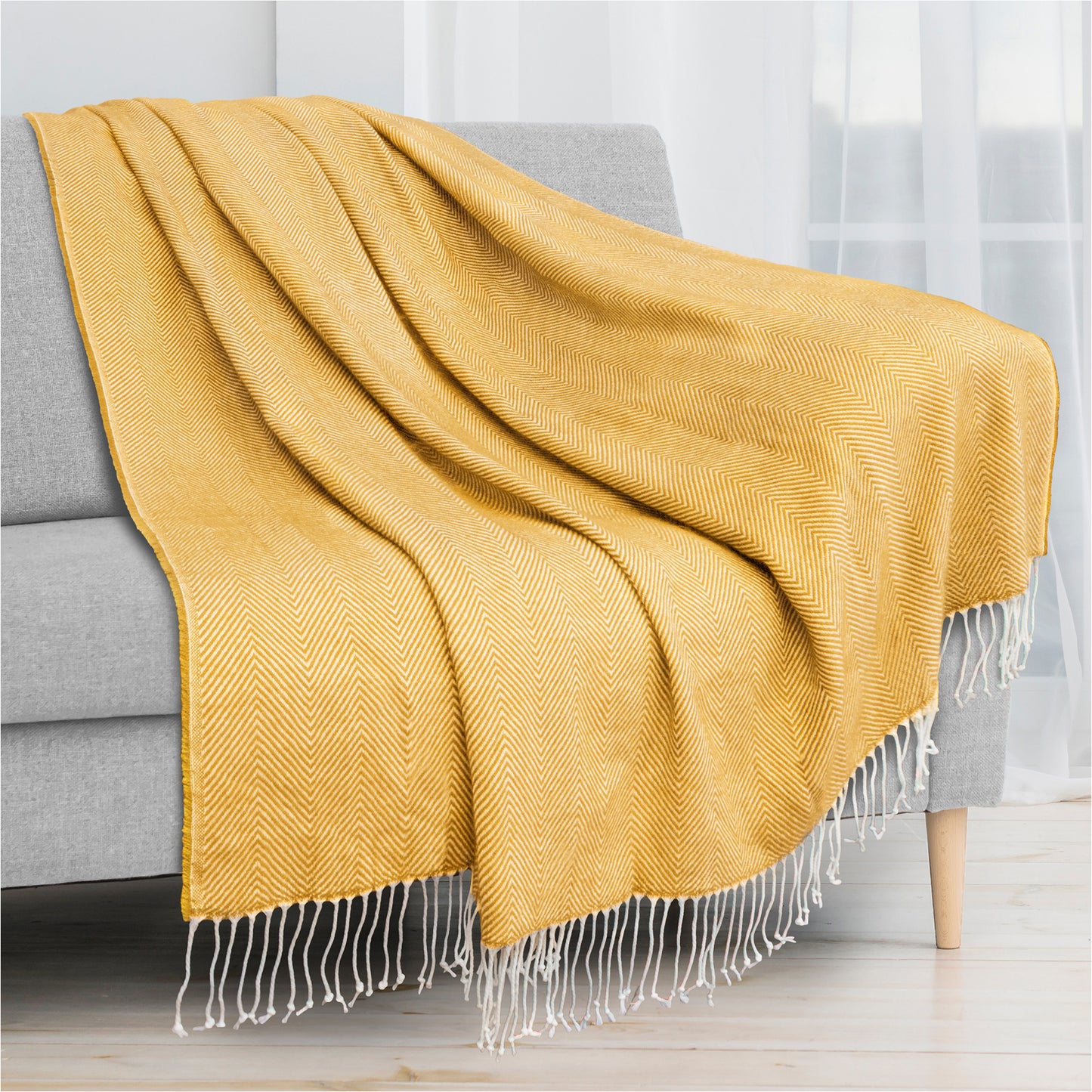 Herringbone Knit Fringe Throw Blanket