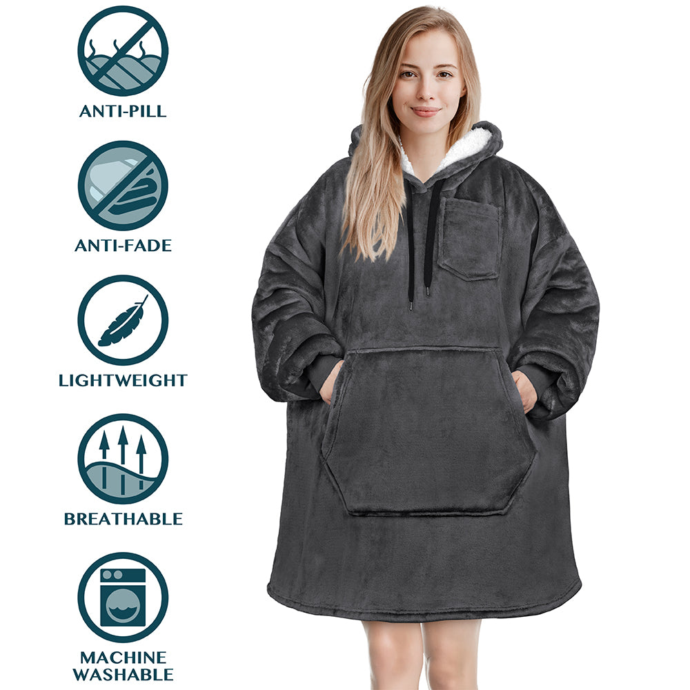 Chest Pocket Sherpa Hoodie Blanket - Kangaroo Pocket (Regular / Long)