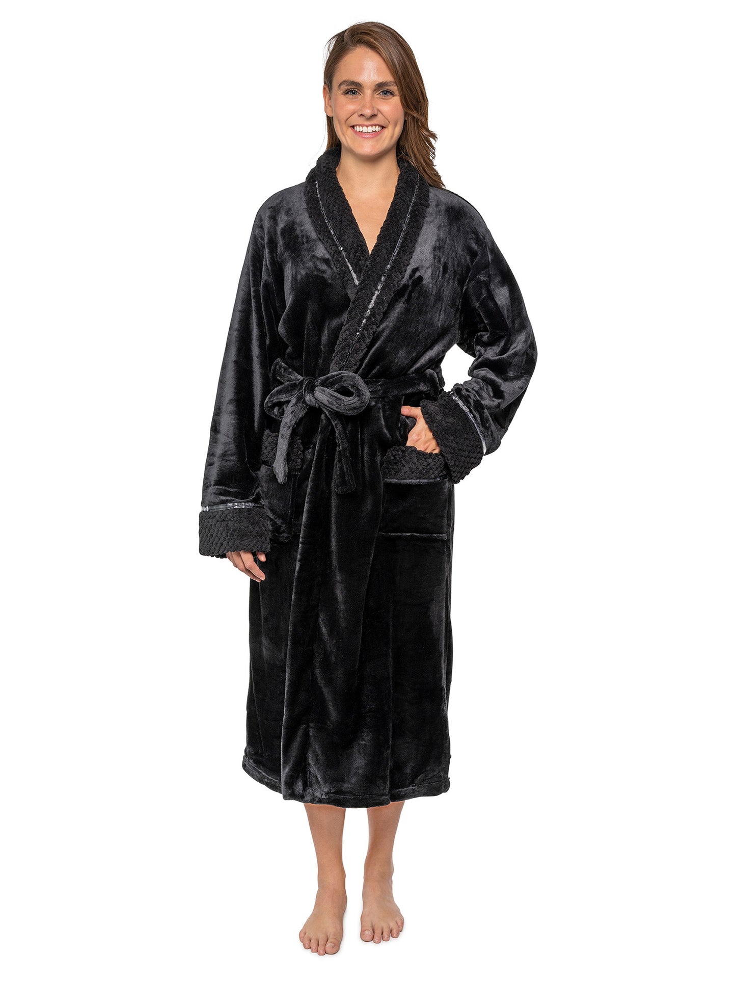 Women's Satin and Waffle Trim Fleece Robe