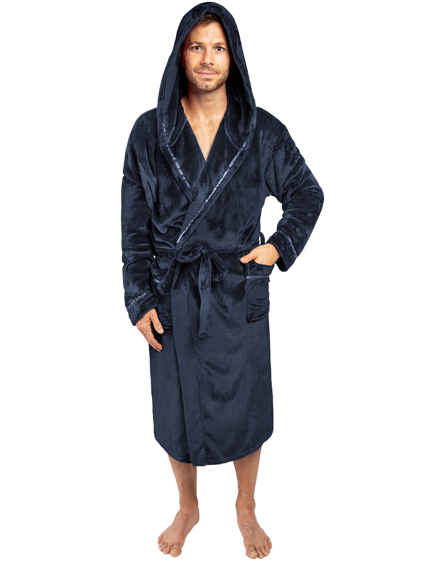 Men's Satin Trim Fleece Robe with Hood