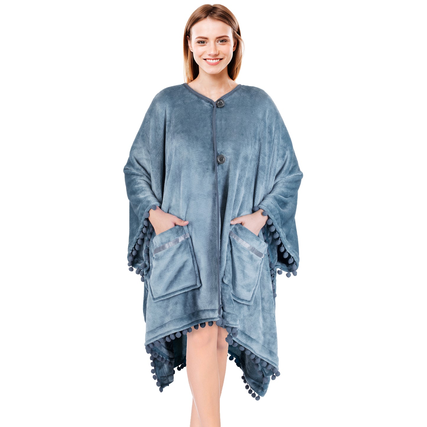 Classic Pom Pom Fringe Poncho Blanket