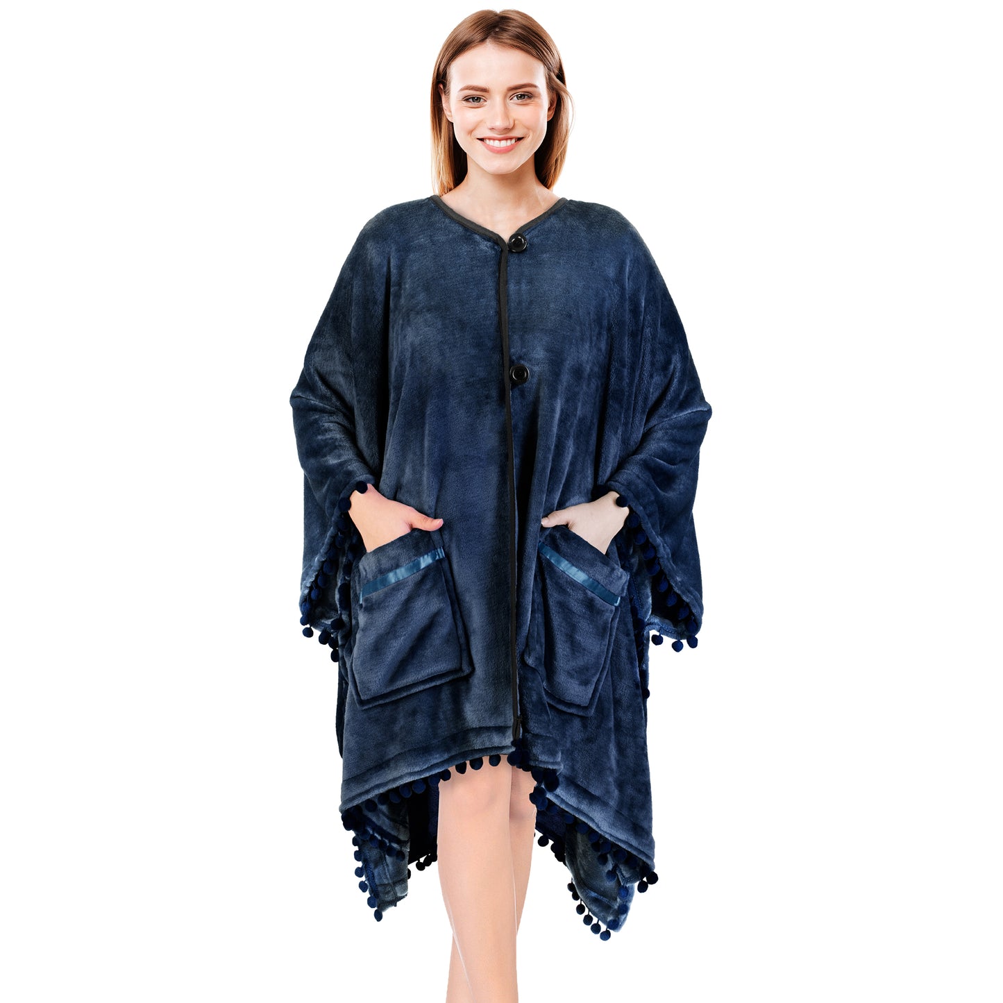 Classic Pom Pom Fringe Poncho Blanket