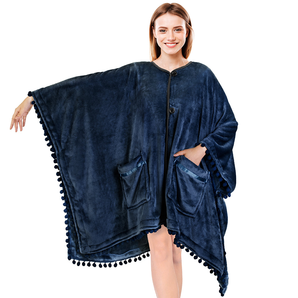 Classic Pom Pom Fringe Poncho Blanket