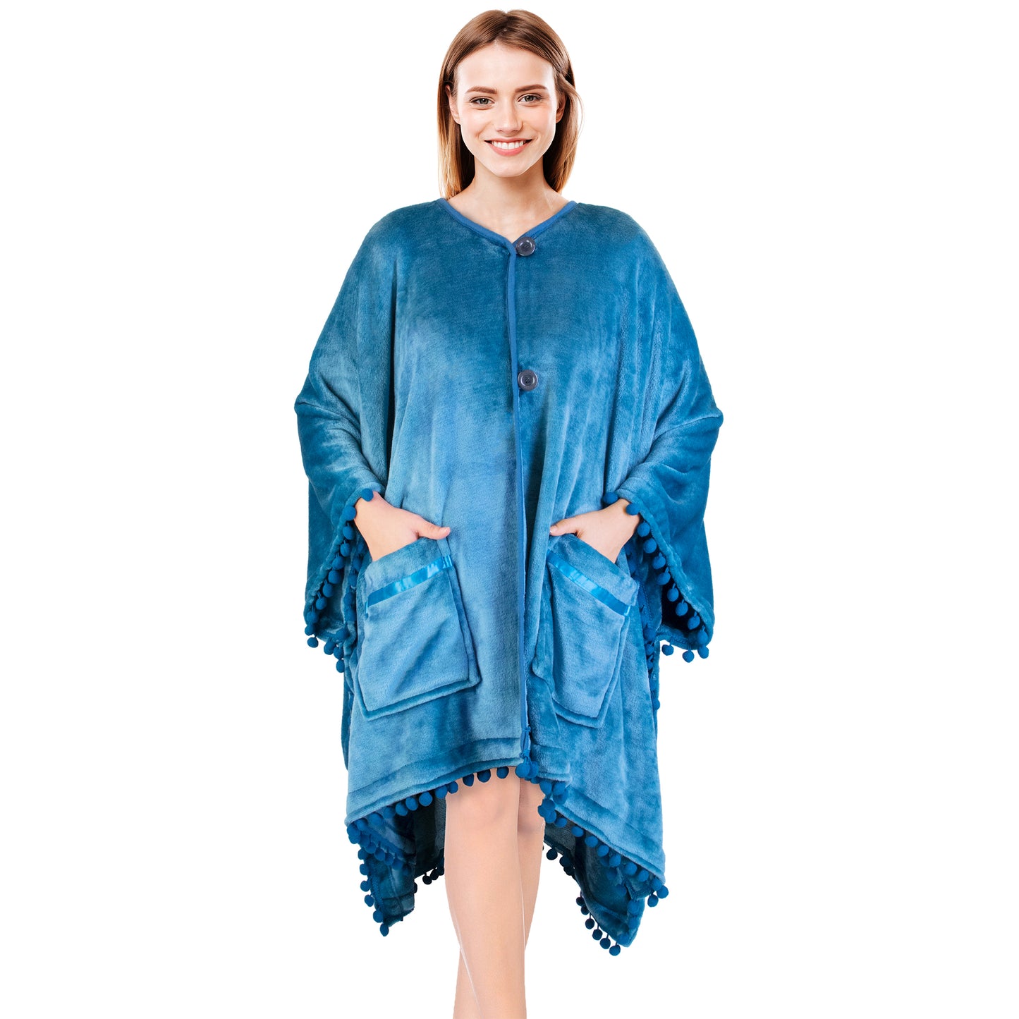 Classic Pom Pom Fringe Poncho Blanket