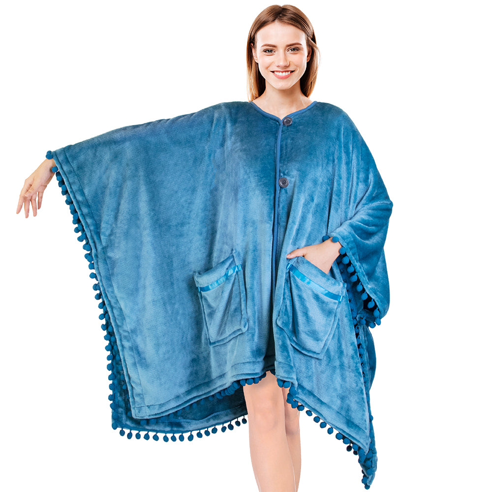 Classic Pom Pom Fringe Poncho Blanket