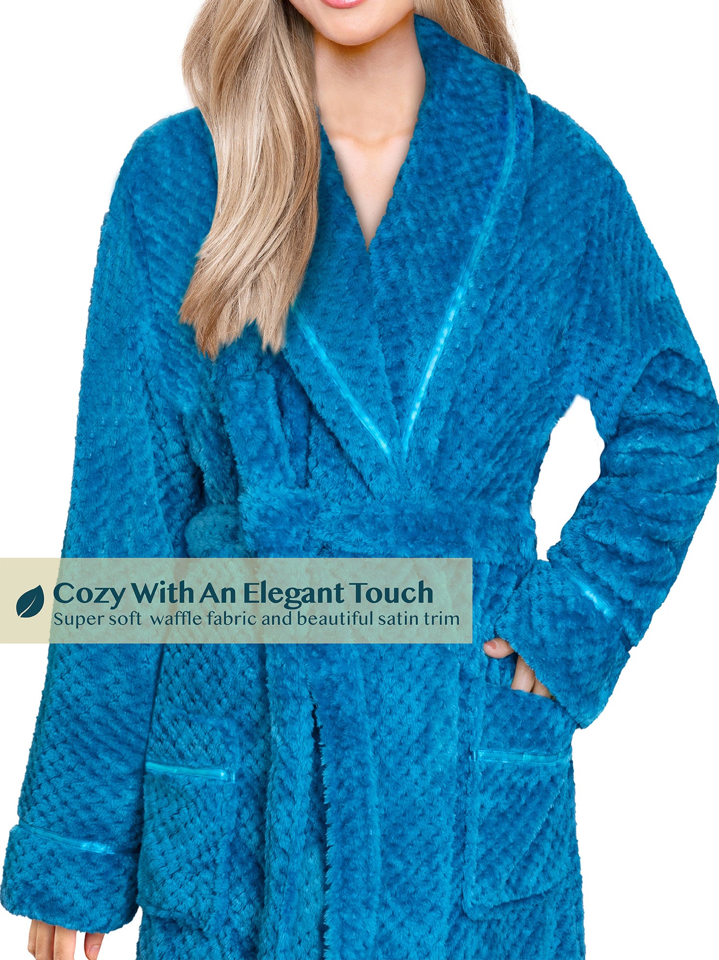 Women's Waffle Textured Satin Trim Fleece Robe