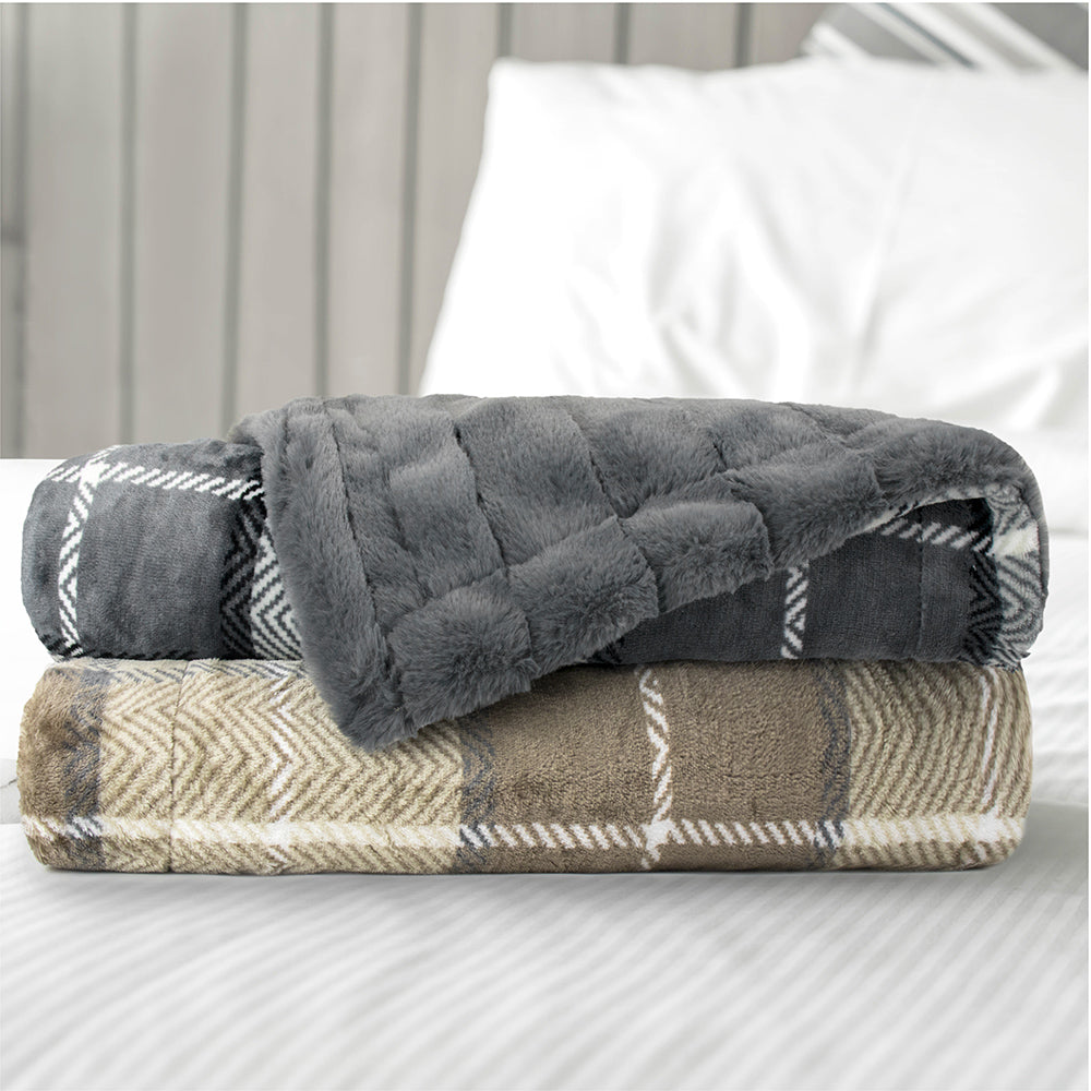 Plaid Fleece Faux Fur Throw Blanket