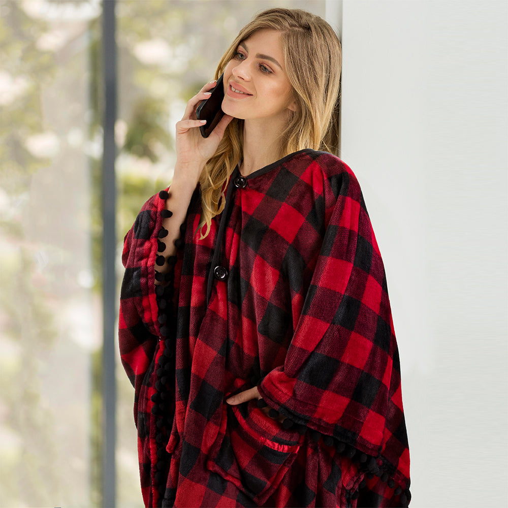 Classic Pom Pom Fringe Poncho Blanket
