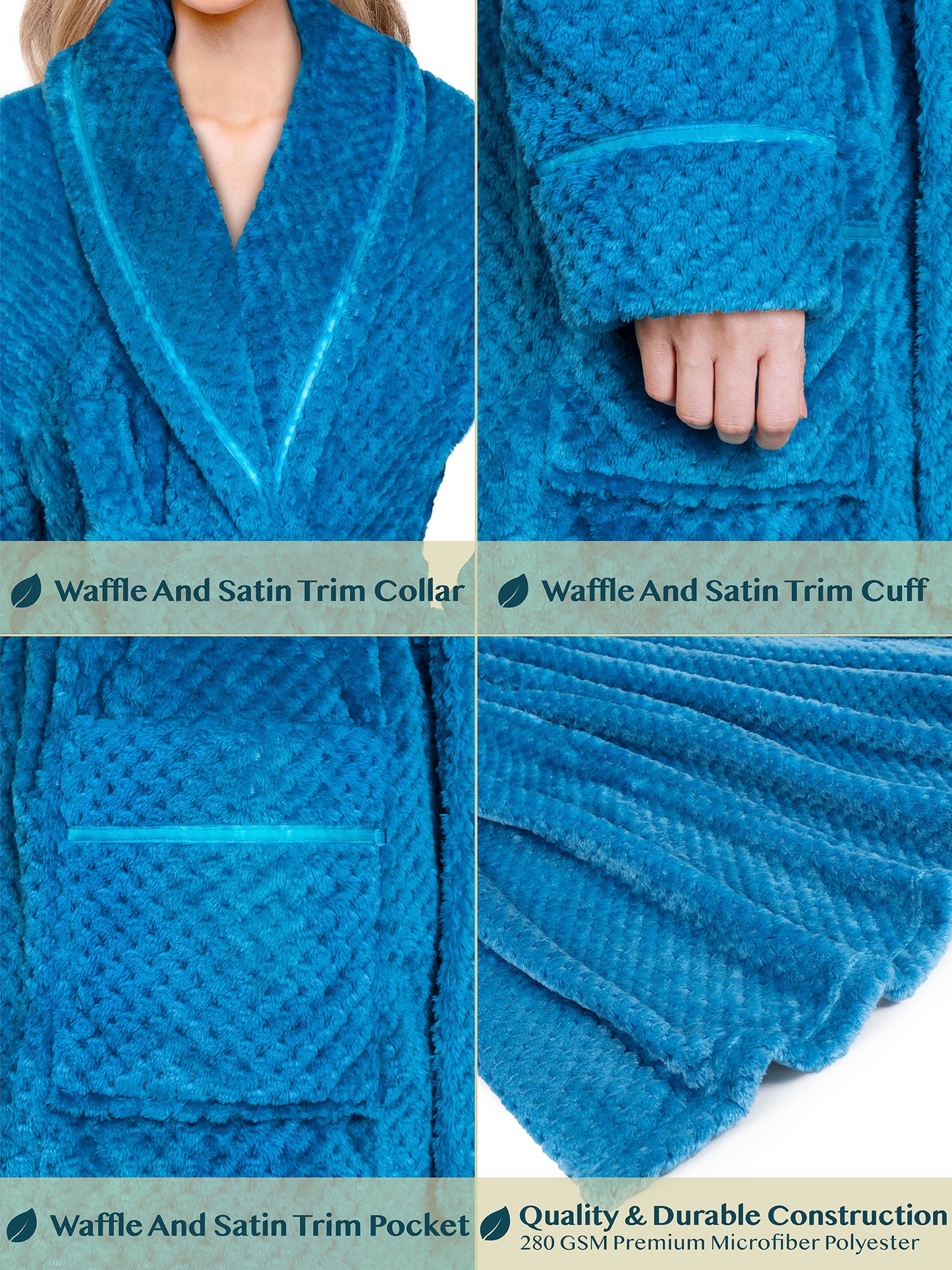 Women's Waffle Textured Satin Trim Fleece Robe